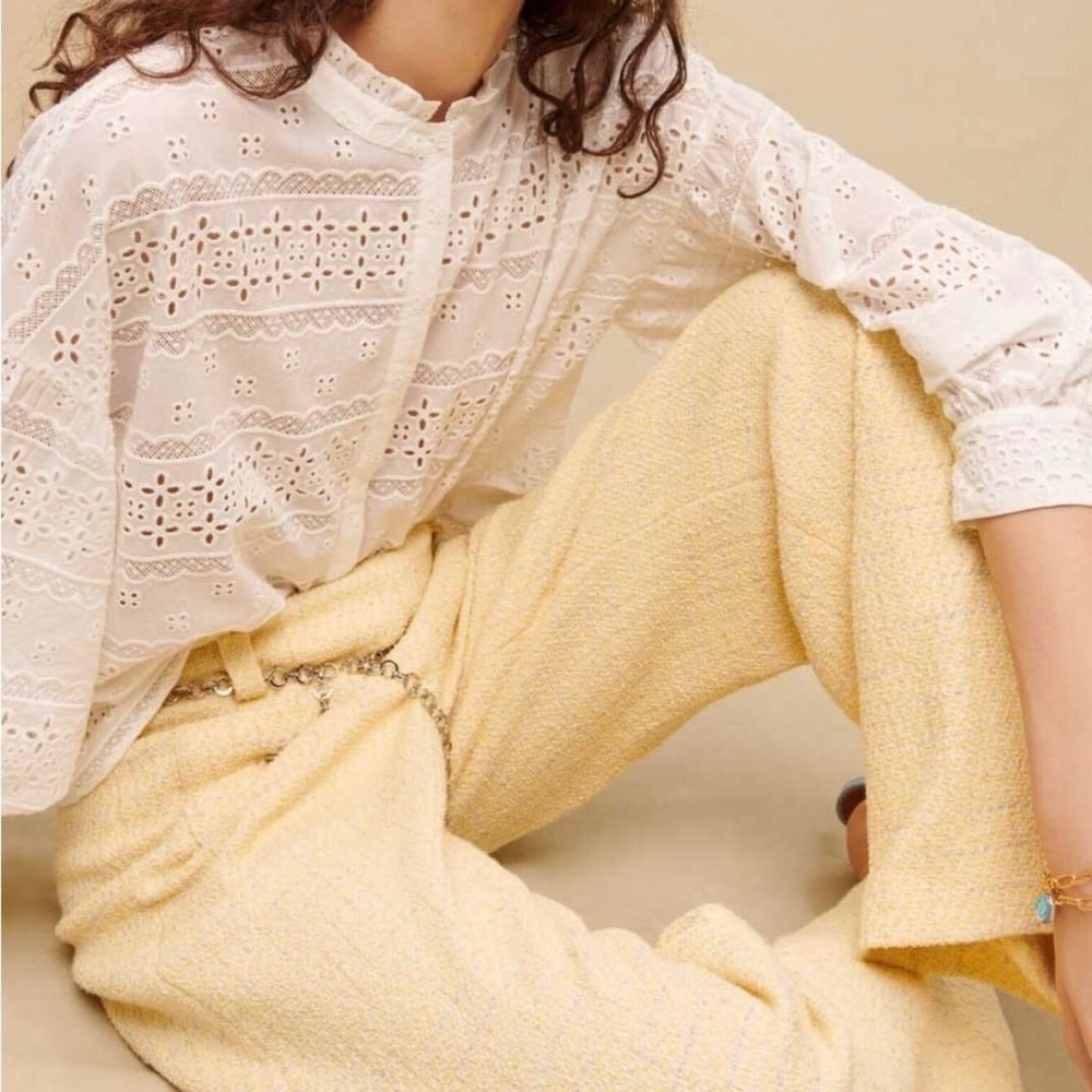 MAJE Eyelet Peasant Blouse Womens Small Size 1 White Lace Button Down Victorian
